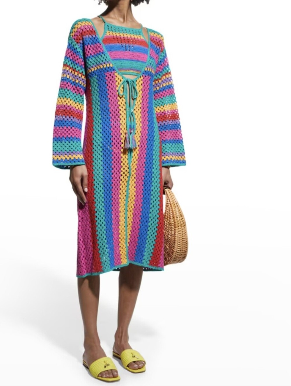 FARM RIO Bruna Stripes Crochet Midi Coverup Dress Rainbow 100% Cotton